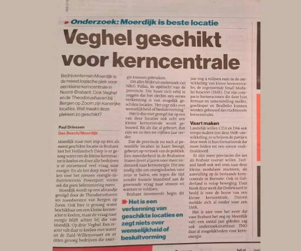 Rapport NRG Pallas; Veghel geschikt voor bouw kleine kerncentrale